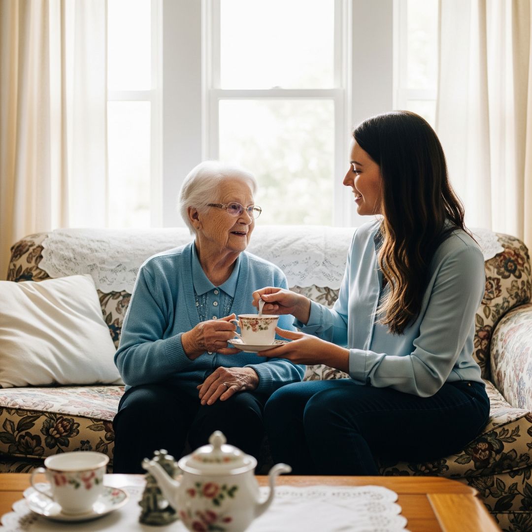 An elderly grandmother is smiling on the couch while her adult daughter pours her tea