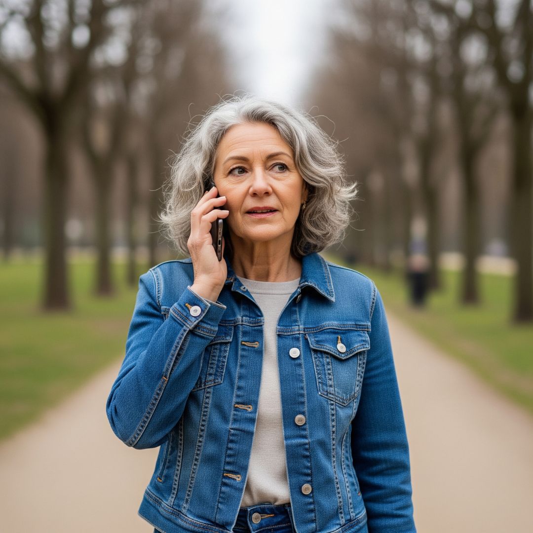 a woman with wavy hair, talking on her smartphone while walking through a park on an overcast day.