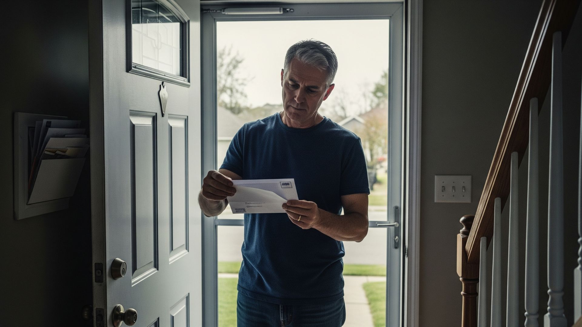 A man stands in the entryway of his home, looking thoughtfully a stack of mail