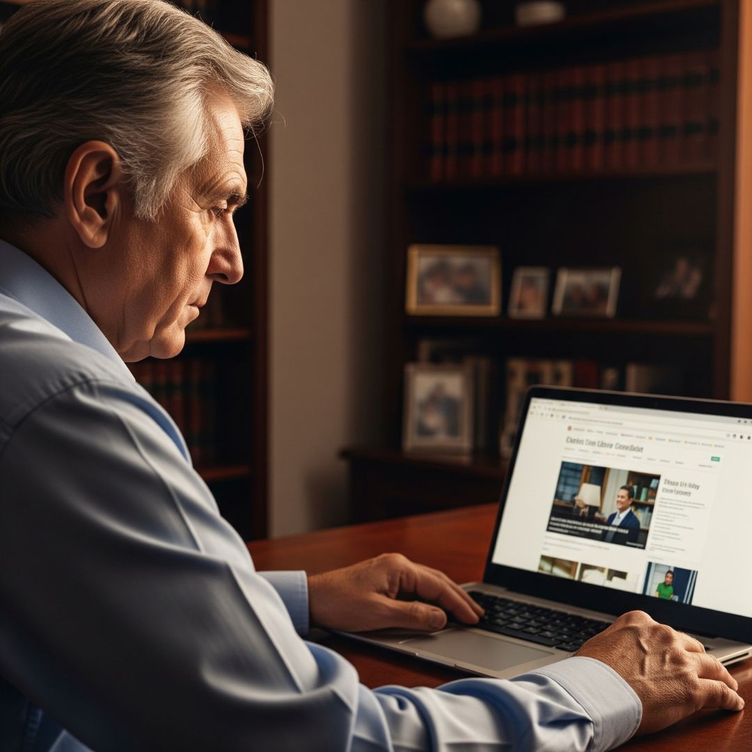 a senior man in his late 60s sitting at a desk while looking at a laptop screen displaying a webpage