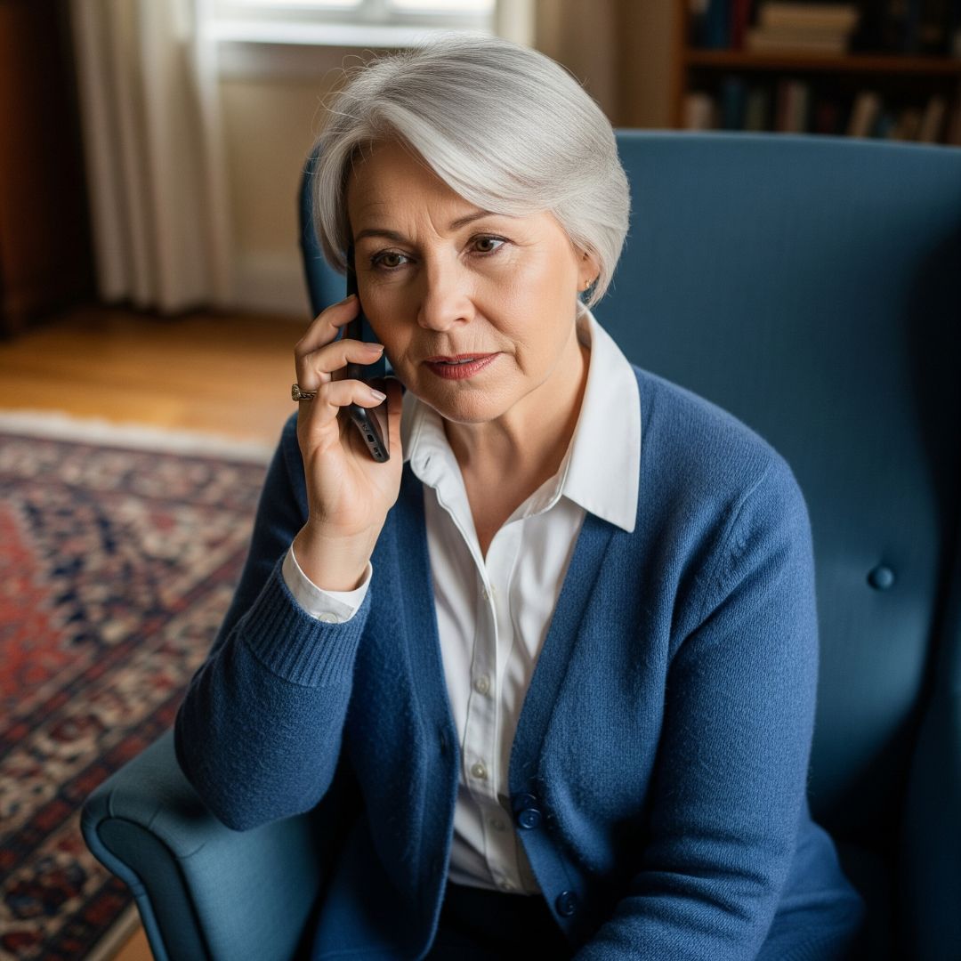 A woman sitting in a comfortable armchair, talking on the phone