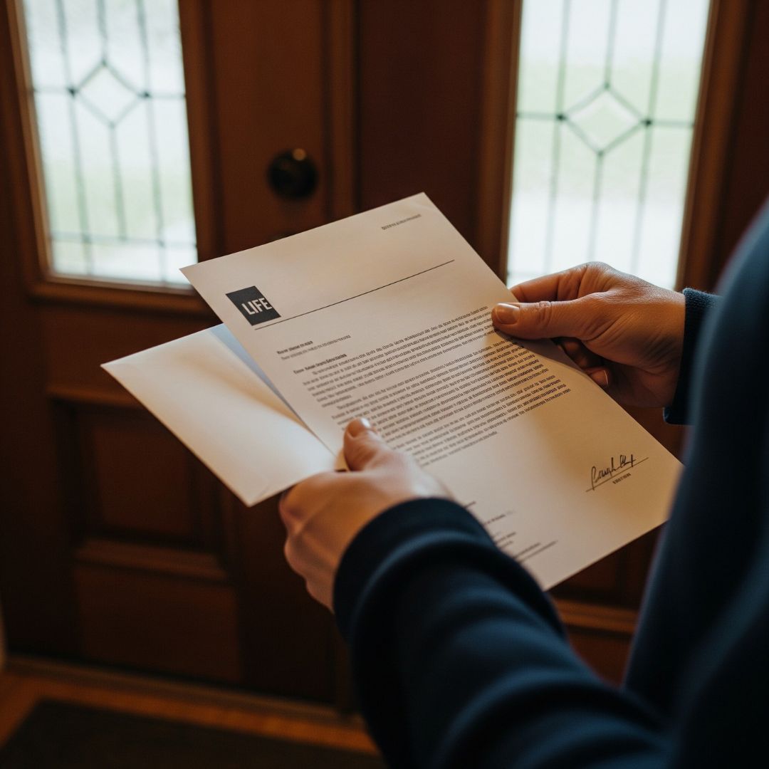A person's hands holding an official-looking letter and envelope