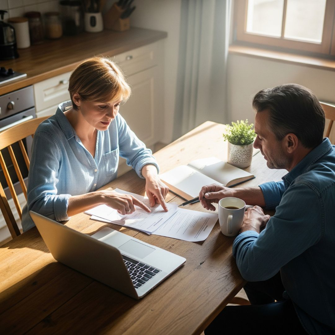 A couple sitting together at their kitchen table, looking over documents