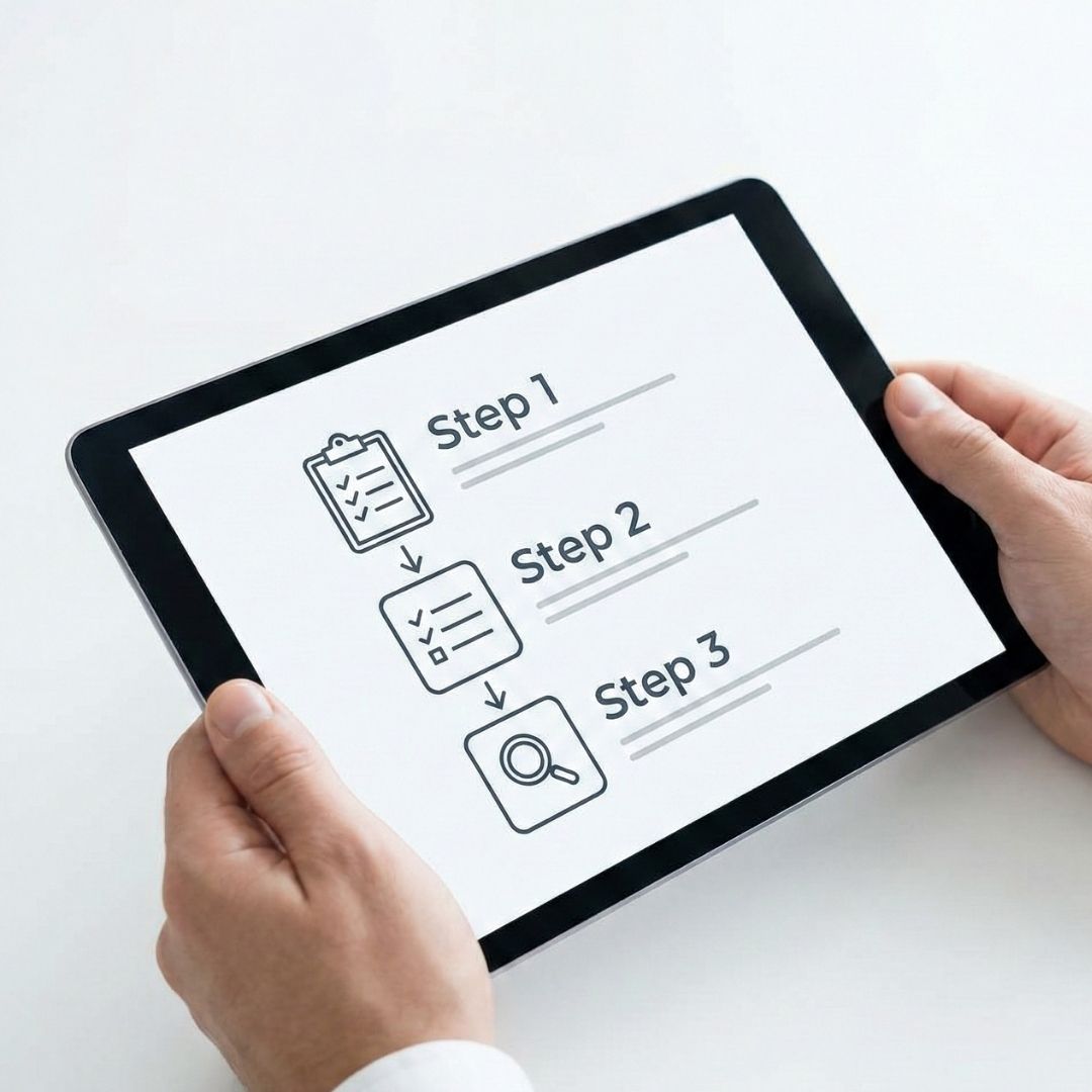 A digital tablet showing a step-by-step process representing a transparent and regulated life settlement transaction.