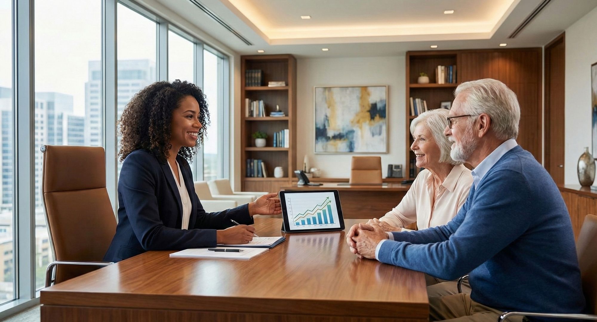 professional financial advisor meeting with senior clients in a modern office setting to discuss life insurance options.