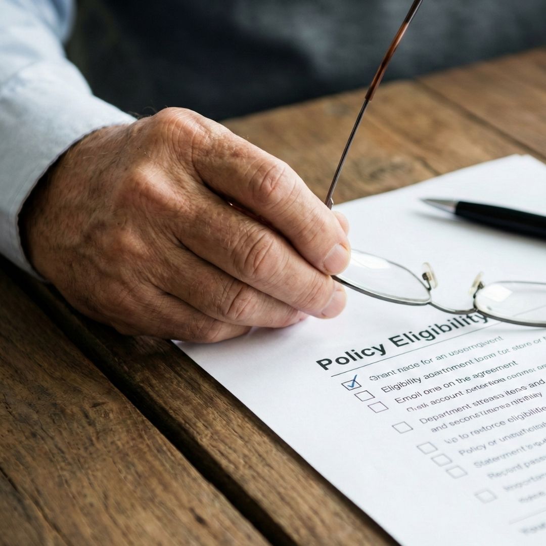 Close-up of a senior checking eligibility for a life settlement on a document.