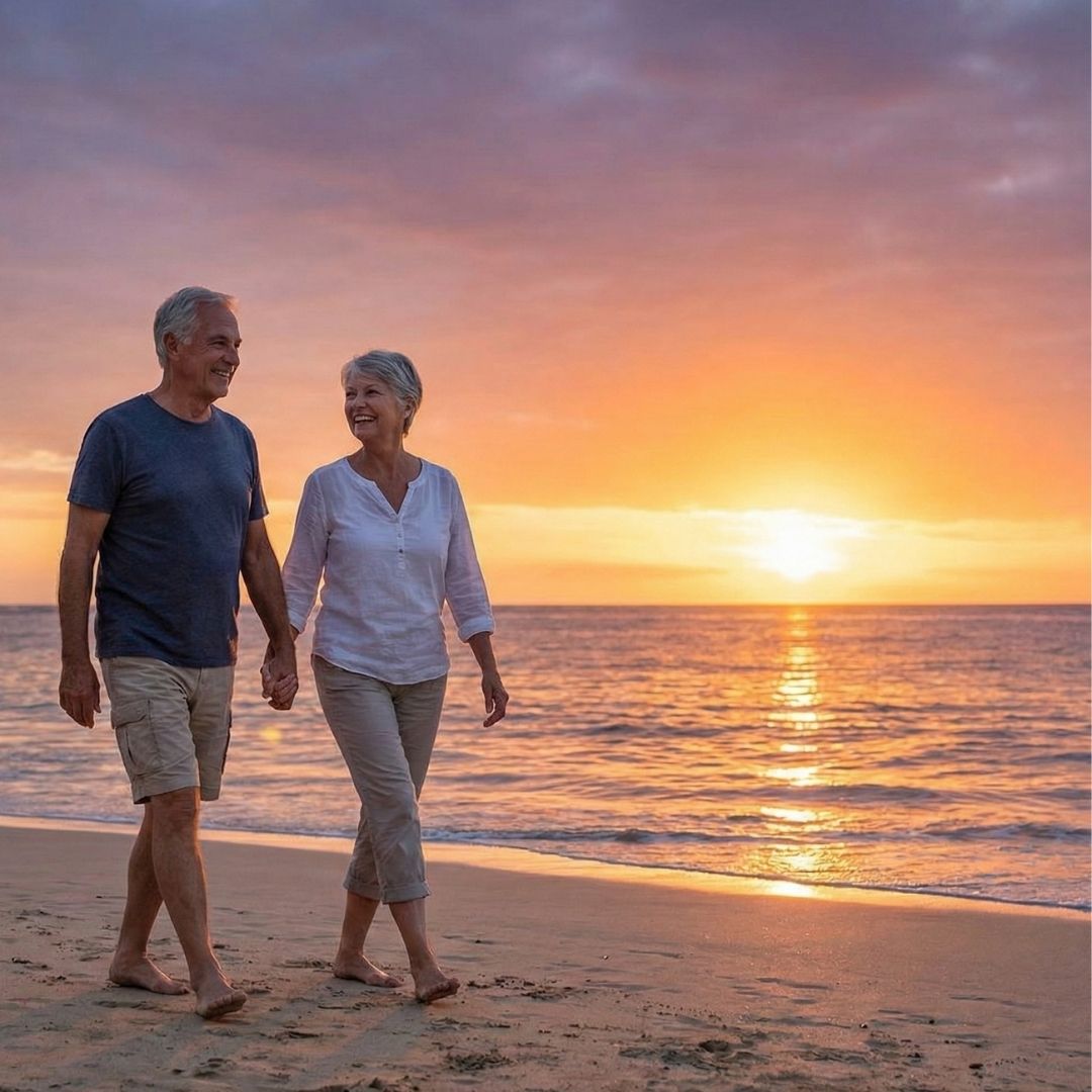 A senior couple walking on the beach, symbolizing the financial freedom gained from a life settlement