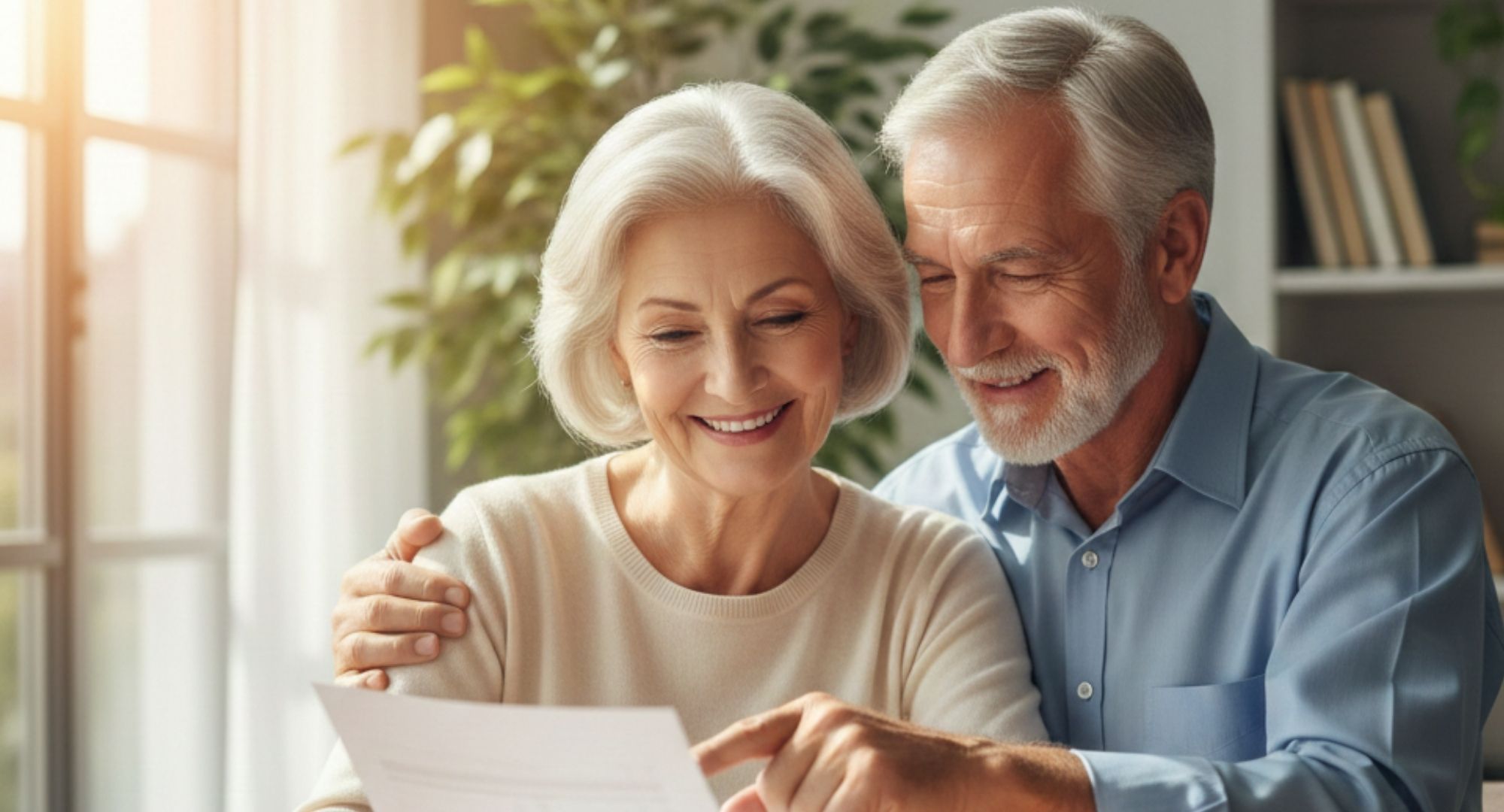 Happy senior couple reviewing financial documents for a life insurance settlement