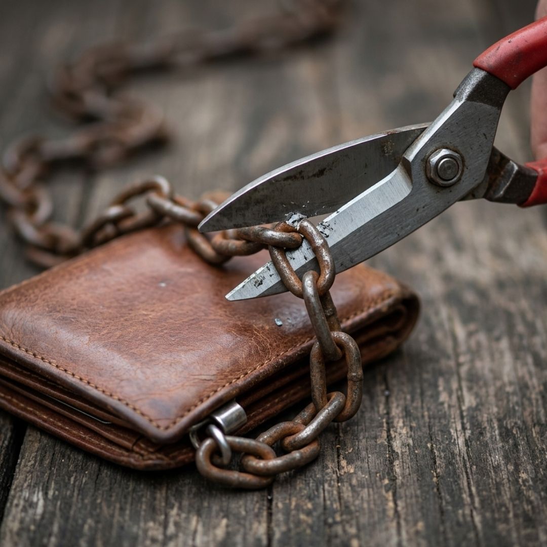 Scissors cutting a chain attached to a leather wallet.