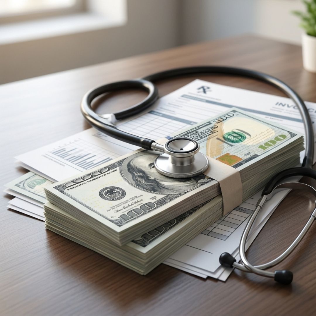 Stethoscope resting on a stack of medical bills and cash.