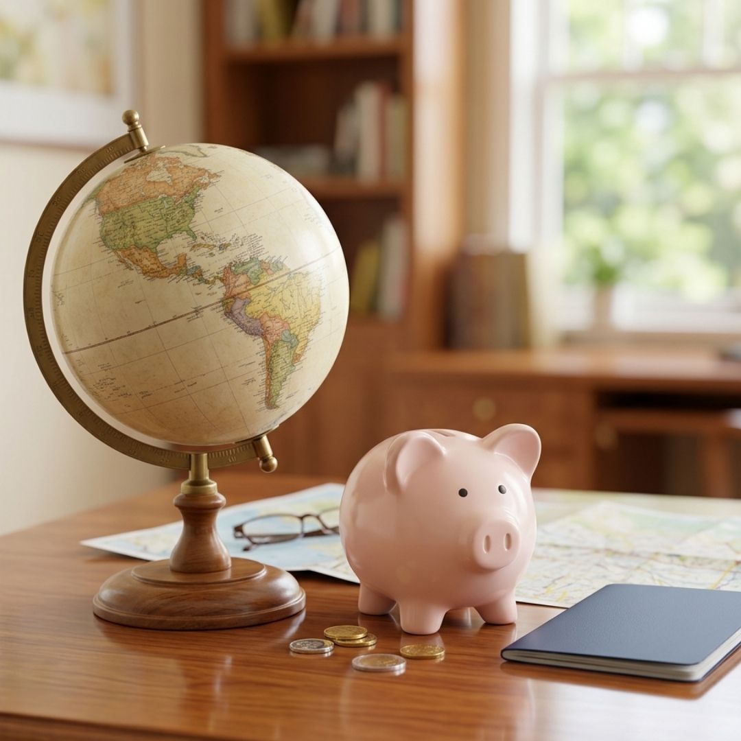 Globe, piggy bank, and passport arranged on a wooden desk.