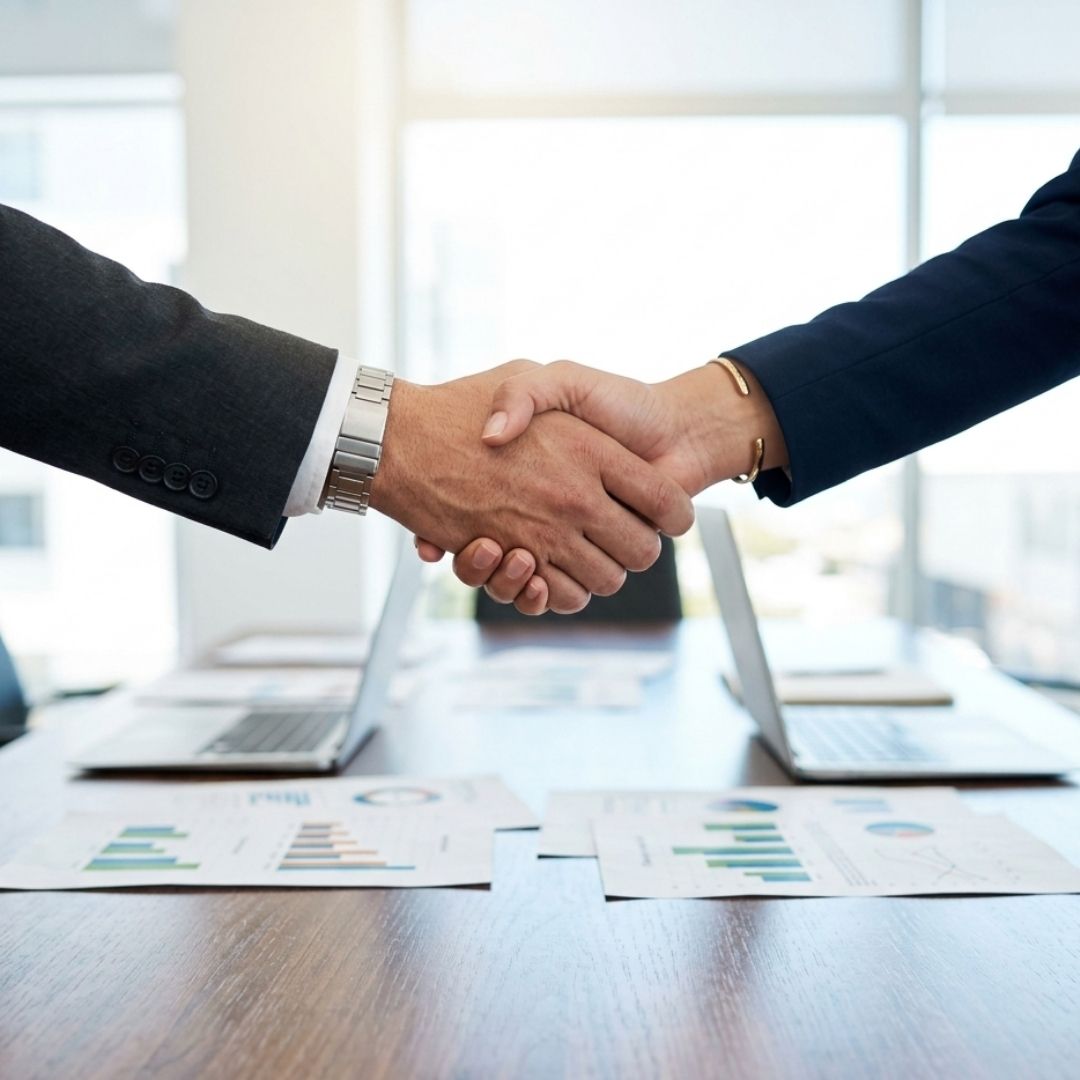 Two professionals shaking hands over a wooden table.