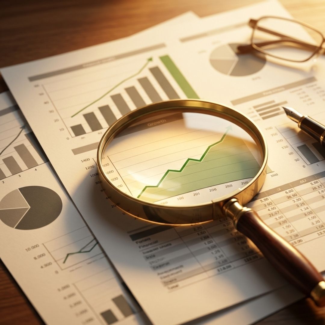 Magnifying glass resting on positive financial growth charts.