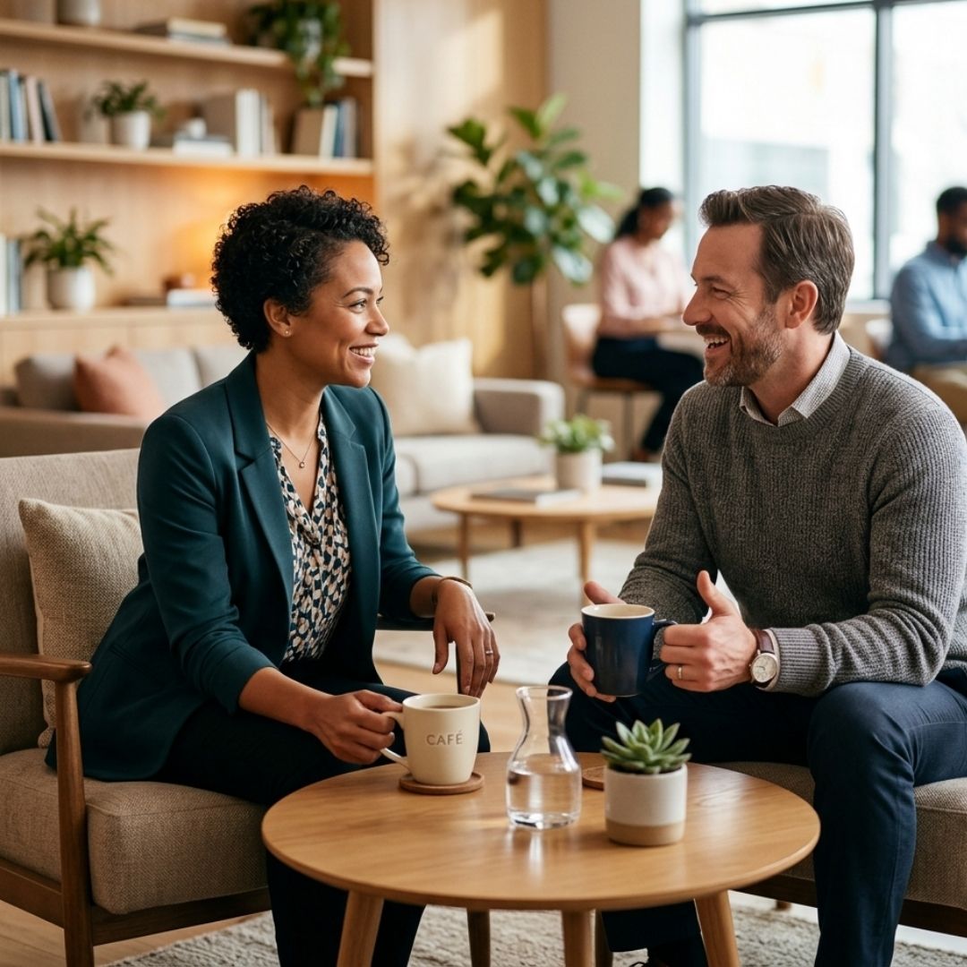 Two professionals smiling and talking over coffee in a lounge.