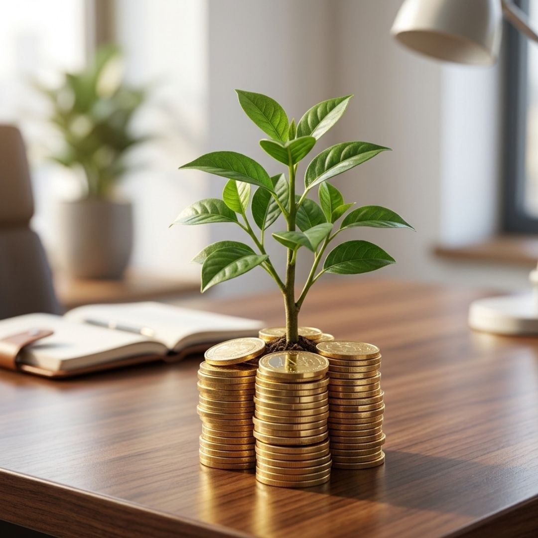 Green plant growing from a stack of gold coins on a desk.