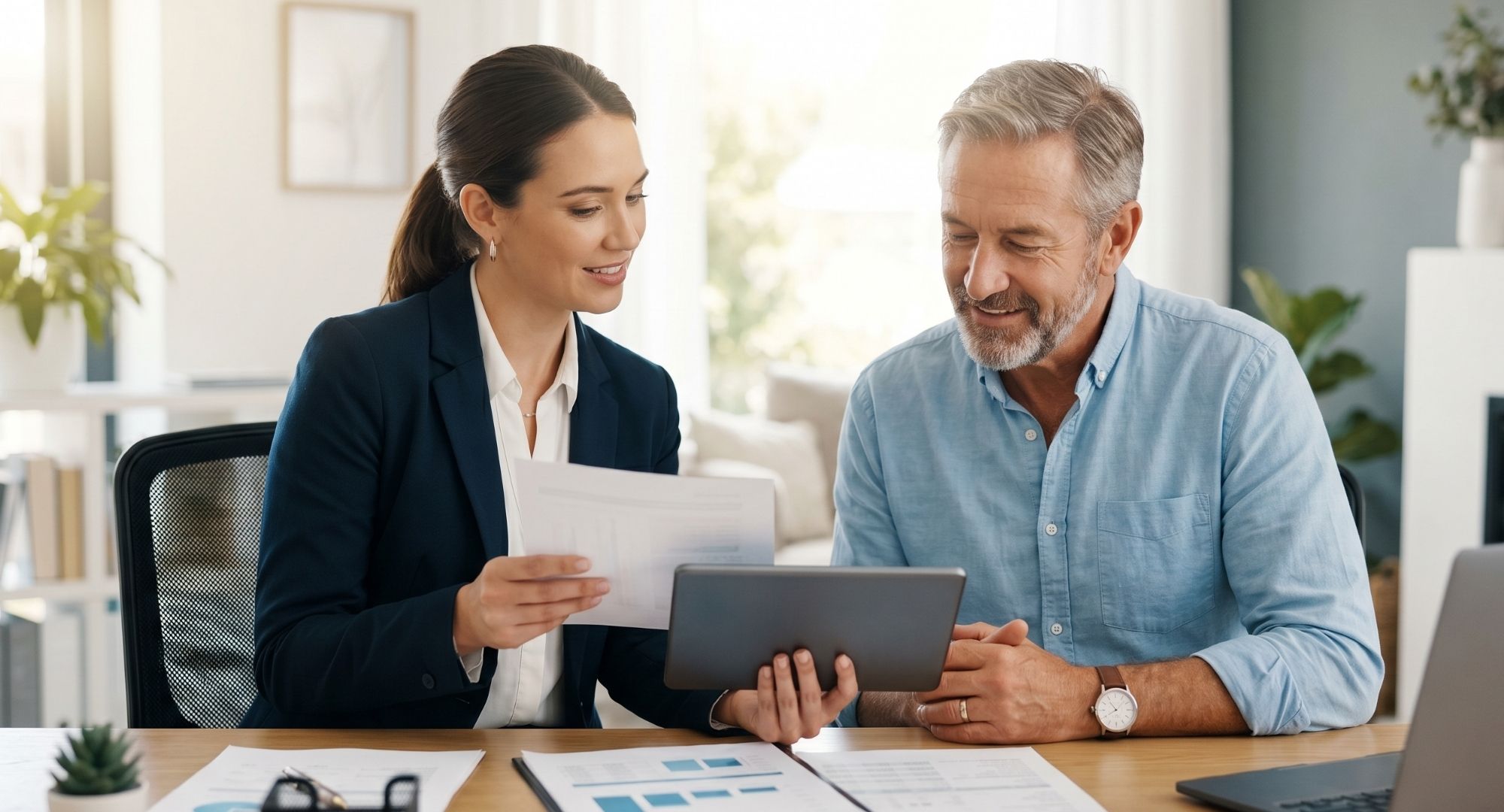 Insurance agent speaking with a client.