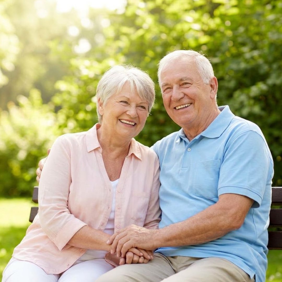 A happy elderly couple sitting on a bench.