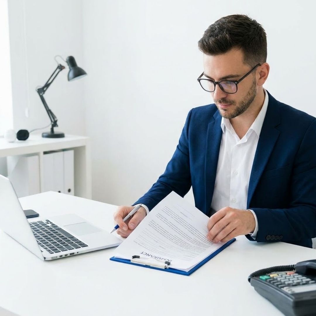 An insurance agent looking at paperwork.