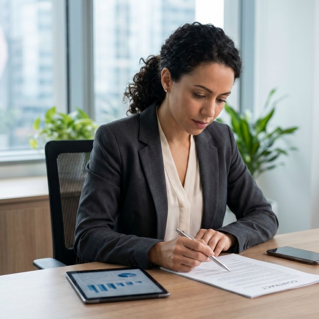 An insurance agent looking at paperwork.