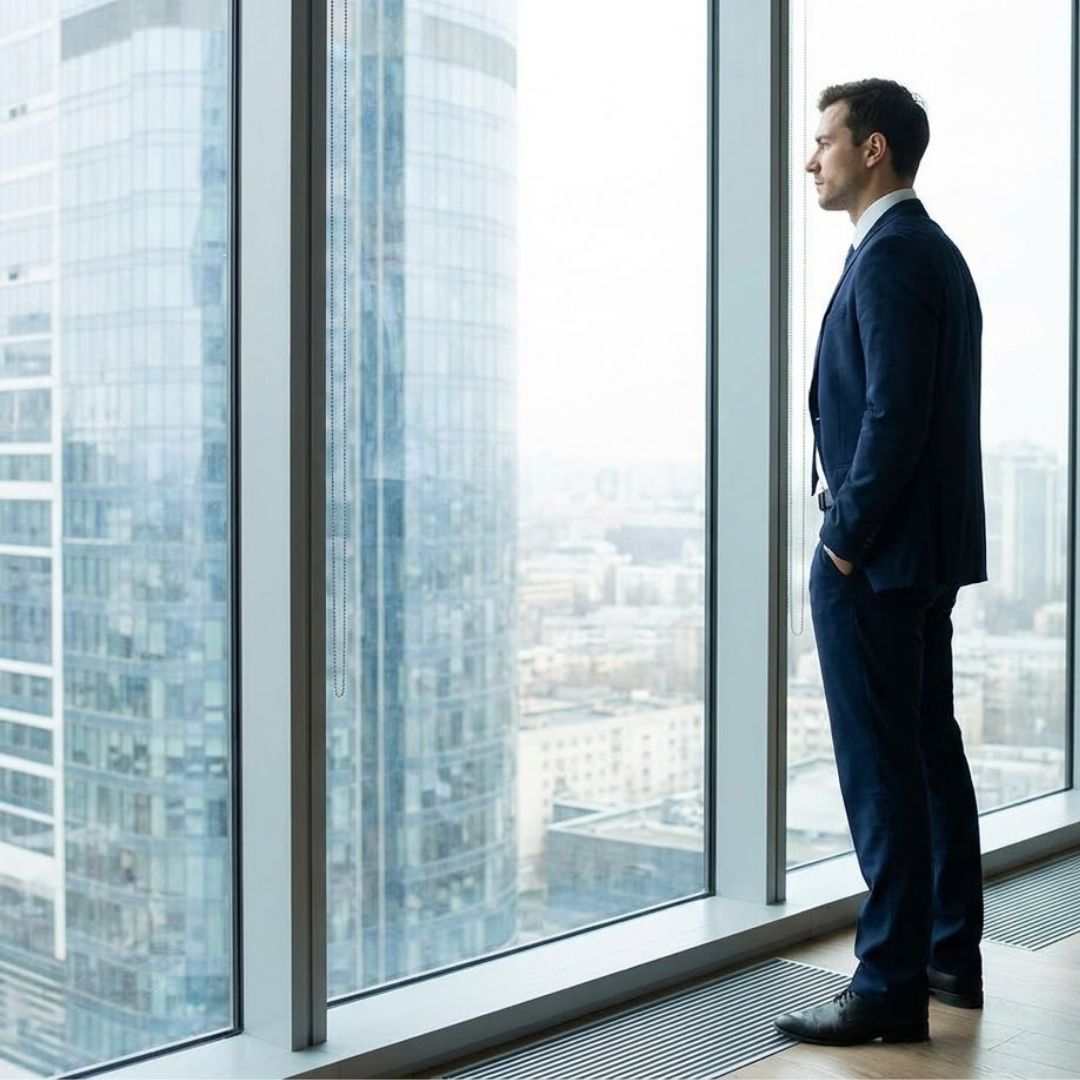 An insurance agent looking out a window.
